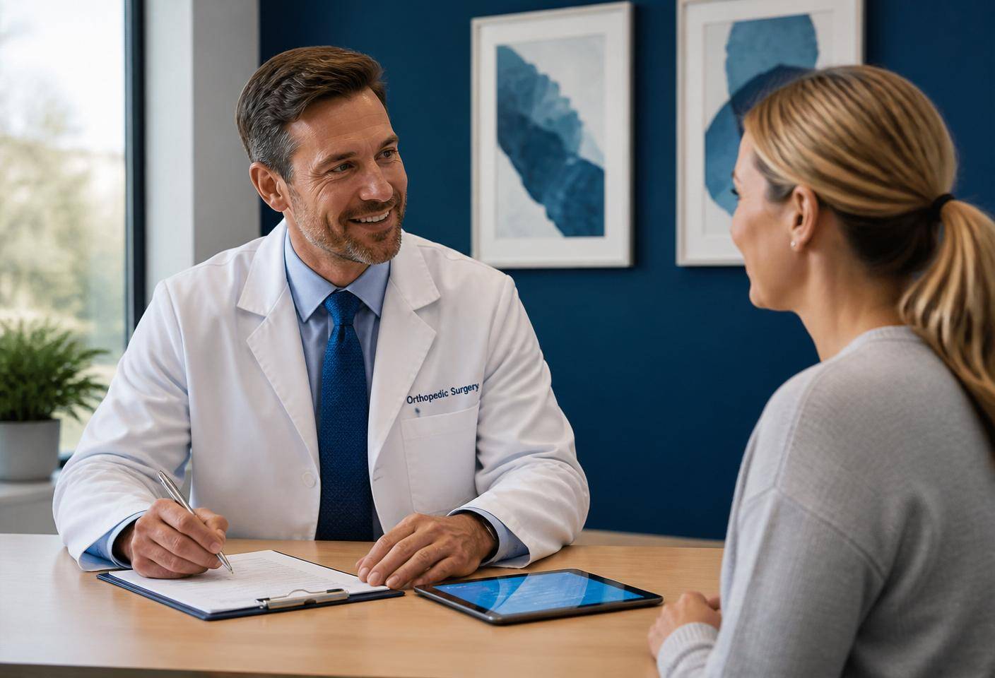 A doctor and patient meeting in a bright, modern medical office